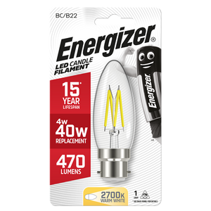 ENERGIZER LED 4W (40W) 470 LUMEN B22 FULL GLASS FILAMENT CANDLE LAMP WARM WHITE