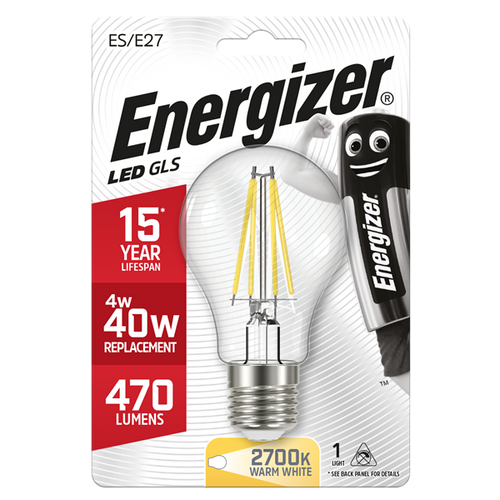 ENERGIZER LED 4.3W (40W) 470 LUMEN ES FULL GLASS FILAMENT GLS LAMP WARM WHITE