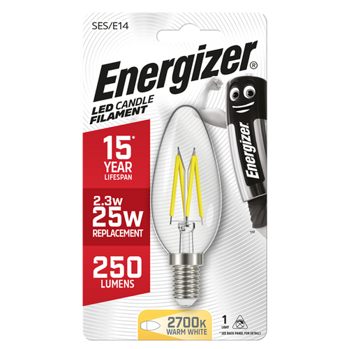 ENERGIZER LED 2.4W (25W) 250 LUMEN E14 FULL GLASS FILAMENT CANDLE LAMP WARM WHITE