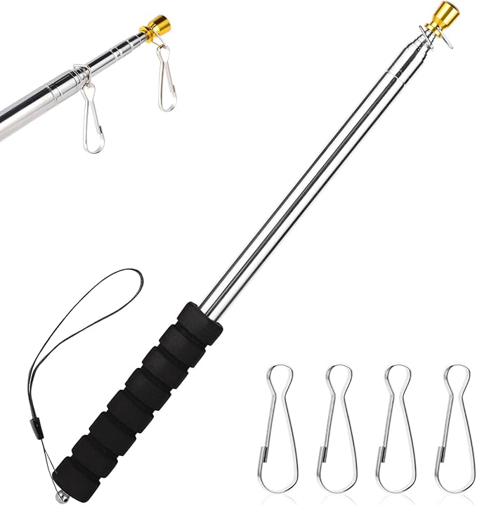 Risipu 8.2FT Telescopic Flag Pole,Stainless Steel Handheld Portable Extendable Retractable Flagpole with Anti-Slip Grip Clip for Tour Guide Festival Teaching Pointer (8.2ft - Black)