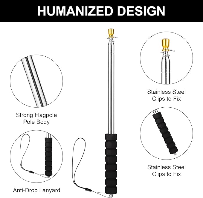 Risipu 8.2FT Telescopic Flag Pole,Stainless Steel Handheld Portable Extendable Retractable Flagpole with Anti-Slip Grip Clip for Tour Guide Festival Teaching Pointer (8.2ft - Black)