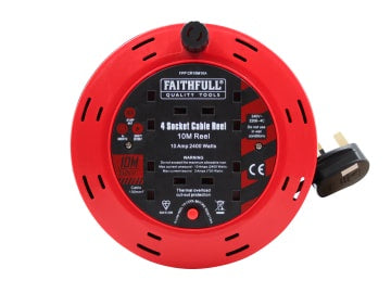Faithfull 10m Cable Reel 10A, 4 Sockets