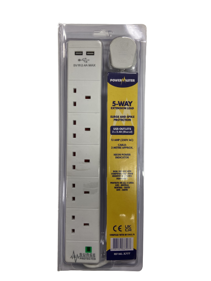 PowerMaster 5-Way Extension Lead with USB Ports and Surge Protection