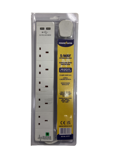 PowerMaster 5-Way Extension Lead with USB Ports and Surge Protection