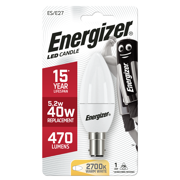 ENERGIZER LED 5.9W (40W) 470 LUMEN B15 OPAL CANDLE LAMP WARM WHITE