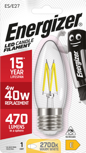 ENERGIZER LED 4W (39W) 470 LUMEN E27 FULL GLASS FILAMENT CANDLE LAMP WARM WHITE