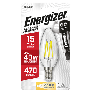 ENERGIZER LED 4W (40W) 470 LUMEN E14 FULL GLASS FILAMENT CANDLE LAMP WARM WHITE