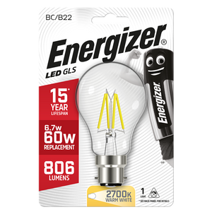 ENERGIZER LED 6.2W (60W) 806 LUMEN B22 FULL GLASS FILAMENT GLS LAMP WARM WHITE
