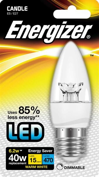 ENERGIZER LED 6.2W (40W) 470 LUMEN E27 CLEAR DIMMABLE CANDLE LAMP WARM WHITE