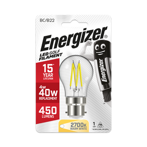 ENERGIZER LED 4W (39W) 470 LUMEN B22 FULL GLASS FILAMENT GOLF BALL LAMP WARM WHITE