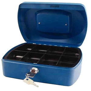 Q-Connect Compact 8 Inch Key Lock Cash Box Blue 8 Coin Compartments