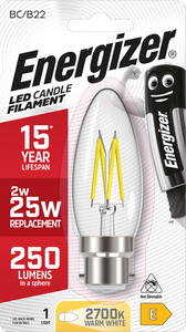 ENERGIZER LED 2.3W (25W) 250 LUMEN B22 FULL GLASS FILAMENT CANDLE LAMP WARM WHITE