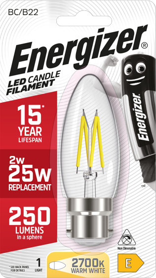 ENERGIZER LED 2.3W (25W) 250 LUMEN B22 FULL GLASS FILAMENT CANDLE LAMP WARM WHITE