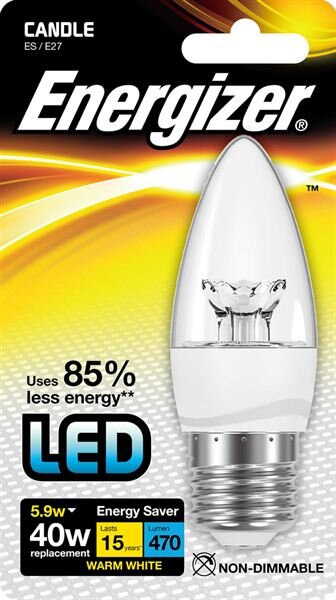 ENERGIZER LED 5.9W (40W) 470 LUMEN E27 CLEAR CANDLE LAMP WARM WHITE