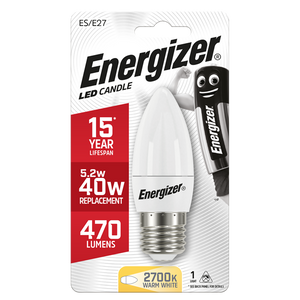 ENERGIZER LED 5.9W (40W) 470 LUMEN E27 OPAL CANDLE LAMP WARM WHITE