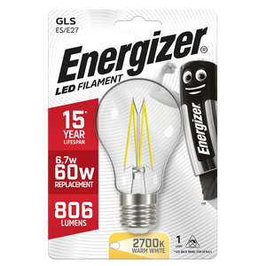 ENERGIZER LED 6.2W (60W) 806 LUMEN ES FULL GLASS FILAMENT GLS LAMP WARM WHITE