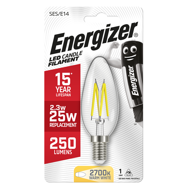 ENERGIZER LED 2.4W (25W) 250 LUMEN E14 FULL GLASS FILAMENT CANDLE LAMP WARM WHITE